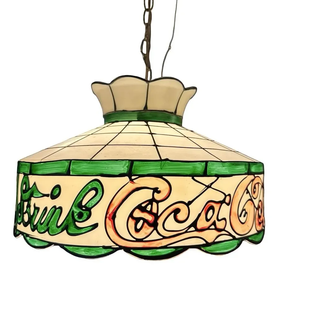 Vtg Faux Stained Glass‎ Tiffany Hanging Ceiling Light Lamp Shade Coca Cola 17”